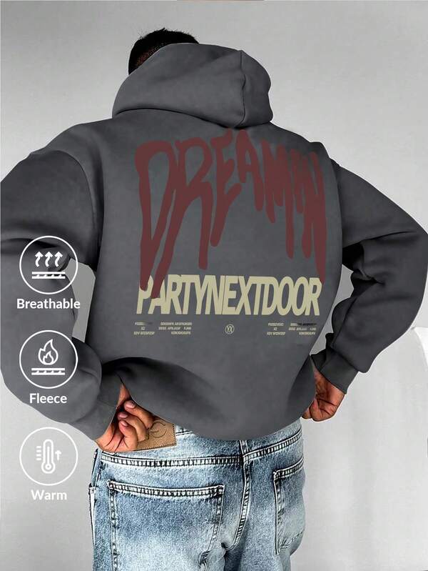 Men's Letter Print Long Sleeve Pocket Drawstring Bodysuit Sweatshirt, Casual For Autumn/Winter