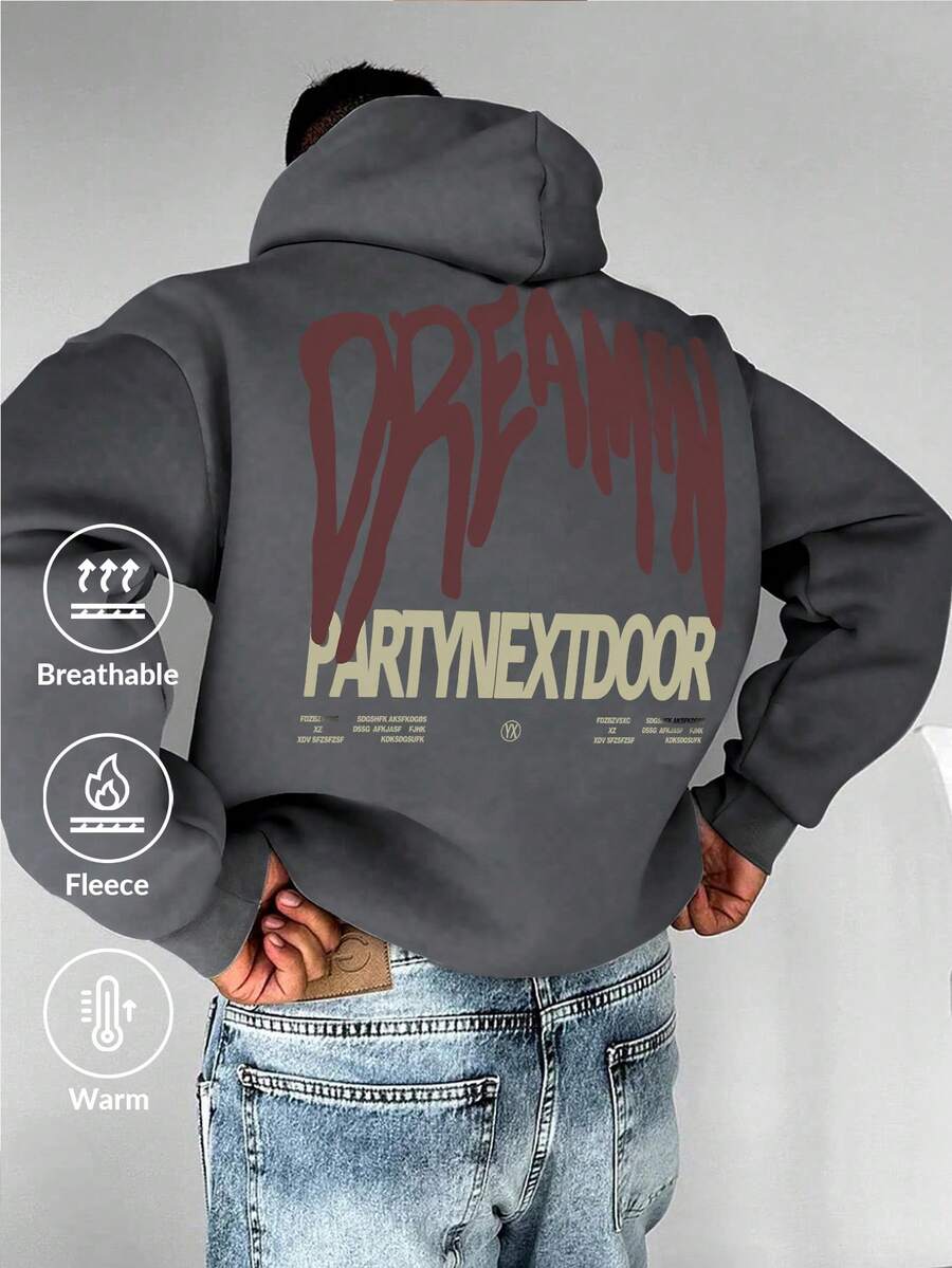 Men's Letter Print Long Sleeve Pocket Drawstring Bodysuit Sweatshirt, Casual For Autumn/Winter - Dark Grey - View 1