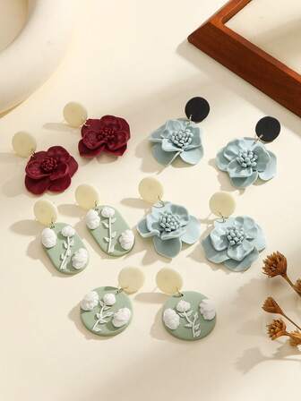 1 Pair Handmade Polymer Clay Floral Earrings 3D Blossom Relief And Leaf Motif Arch Round And Oval Dangle Lightweight Jewelry For Women Pastel Blue Burgundy And Sage Tones Romantic Spring Summer Daily Wear Party Wedding Vacation Beach Travel Gift For Her
