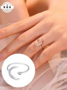 Anillo de plata de ley S925 con diseño de estrella y luna, anillo de nudillo versátil de estilo europeo minimalista y elegante con diseño de estrella y luna