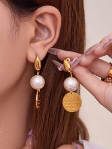 MiDuoDuo 一对镶嵌锆石的奢华巴洛克彩色珍珠耳环，18K镀金不锈钢彩色水晶时尚百搭耳环，优雅女士配饰，U型耳钩仿珍珠耳环，简约奢华女士耳环 - F340珍珠耳環 - 查看 8