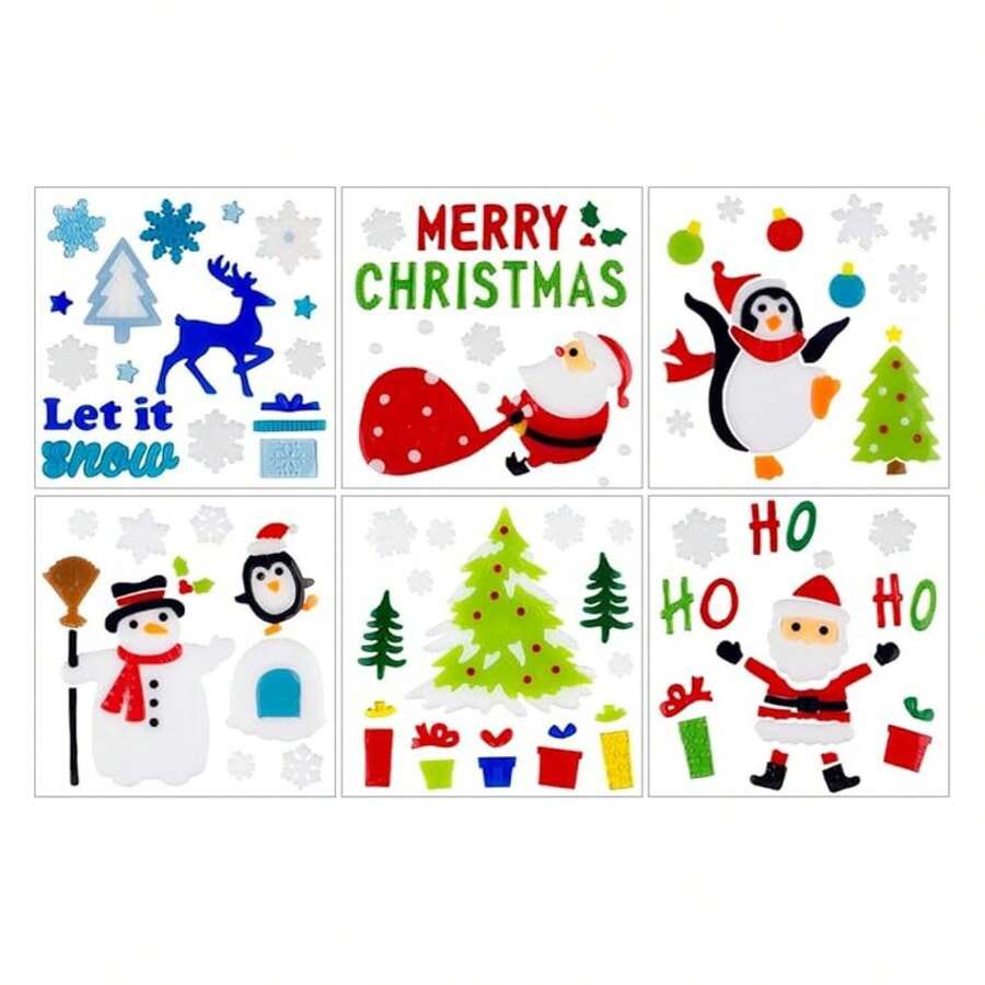 Christmas Window Clings 6 Sheets - Gel Stickers Reusable Xmas Decorations - Santa, Snowflake, Penguin, Snowman, Tree - Holiday Window Decor - 多色296 - 查看 1
