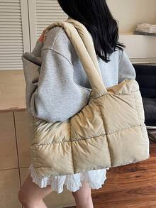 Spacious & Fashionable Quilted Women's Handbag With Detachable Shoulder Strap And Zipper, Suitable For Work, Travel And Gym - Available In Cream, Purple And Black - Khaki - View 3