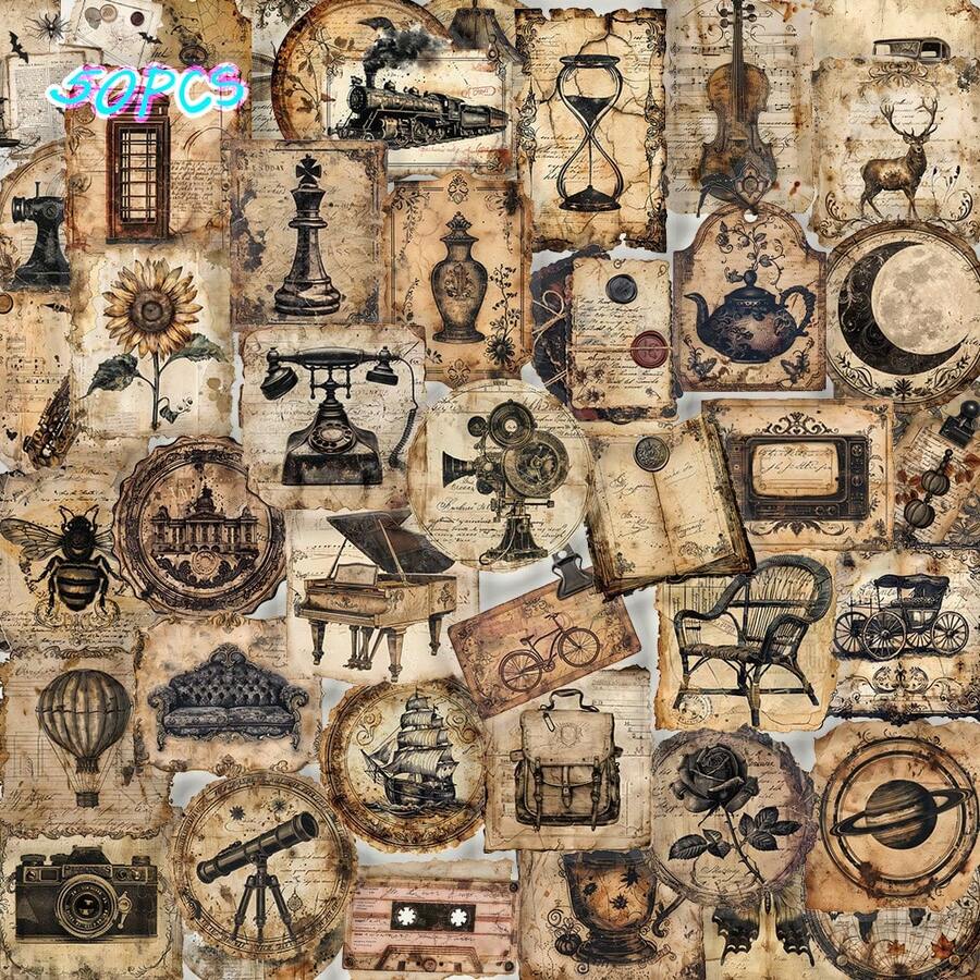 SCXXBSW 50pcs Retro Sticker Labels Creative Hand-Drawn DIY Decals For Phone Cases, Notebooks, And Guitar Stickers - Multicolor - View 1