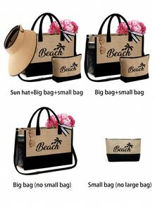 女士沙滩包套装，包括帆布沙滩包、卡其色波浪纹沙滩遮阳帽、单肩包、手提包、亚麻化妆包、宽檐防晒帽、蝴蝶结户外旅行帽 - 彩色 - 查看 10
