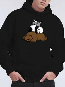 Sudadera con capucha de patrón cómodo para hombres con diseño de panda y canguro - Sudadera suave para otoño e invierno, sudadera gris con ribete negro, regalo perfecto para hombres, ropa de otoño | Top estampado animado | Tratamiento de tela brillante, regalo de panda - Negro - Ver 11