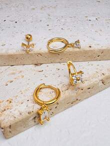 4pcs Floral Square Zirconia Pendant Earrings, Stackable, Suitable For Women; 14K Gold Plated Luxury Horse Eye Zirconia Stud Earrings, Suitable For Cartilage, Earlobe, Helix And Multiple Ear Piercings, Fashionable And Eye-Catching Earring Styles. - Gold-11# - View 5