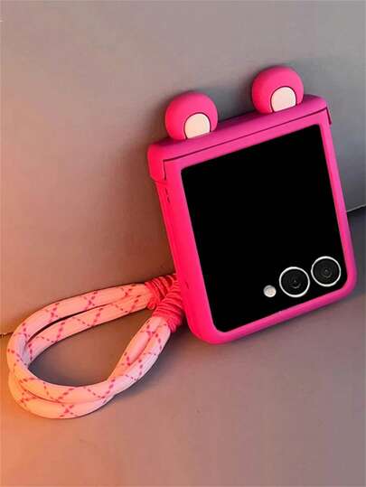 Funda protectora de teléfono con corazón lindo y soporte para oreja, mate marrón, compatible con Samsung Galaxy Z Flip7 Flip6 ZFlip5 ZFLIP4 Flip3, adorable con cuerda de nailon, cubierta trasera dura plegable resistente a caídas