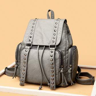 Mochila vintage elegante y versátil de unicolor con cordón y remaches, estilo punk