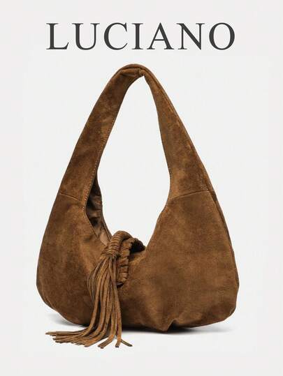 Women's Handbag, Brown, Vintage Woven Tassel Handbag, Bohemian Style Suede Like Shoulder Bag, Slouchy And Crescent Bag, Woven Tassel Design, Western Style, Women's Shoulder Bag, Handbag, Suitable For Vintage Girls, Artistic Youth, Fashionistas, Versatile All Year Round, Can Be Used For Daily Commuting, Travel, Vacation, Camping, Photo Dressing, Going Out, Parties, Large Size, New Fall Fashion 2025 For Women , Bohemian Outfit For Women