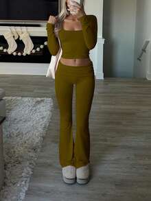 GAOVOT Women's Two Pieces Spring Summer Y2K Slim Sexy Solid Color Square Collar Long Sleeve Top And Slightly Flared Trousers Pant Suit - Olive Green - View 3