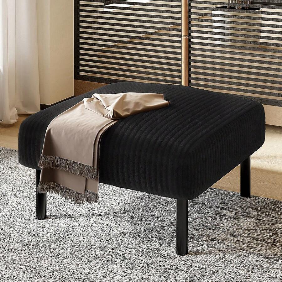 Premium Cord Fabric Stool With Metal Frame - Super Soft Velour Cover For Maximum Comfort - Versatile As A Footrest, Seat Stool, Or Side Table - Quick And Tool-Free Assembly - 黑色 + 繩子 + 泡棉 + 1 個座椅 - 查看 1