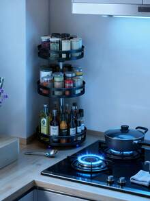 1个多层可旋转金属厨房调料架，简约黑色旋转调料瓶收纳架，适用于烹饪和日式料理，四季皆宜 - 黑色 - 查看 8