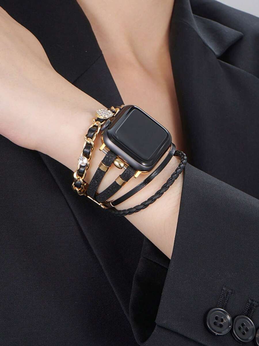 1PC Luxury Black Gold Watch Strap Accessories Compatible With IWatch 49mm 46mm 45mm 44mm 42mm 41mm 40mm 38mm, Woven Leather & Metal Chain Rhinestone Bling Design Wristband Compatible With Apple Watch Series 11 SE3 10 9 8 7 6 5 4 3 2 1 Ultra3/2/1, Fashion Statement For Business/Evening Occasions Watch Bands