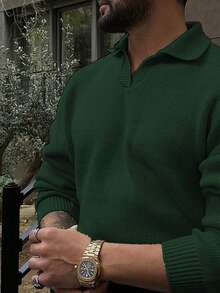 男士加大码休闲Polo领长袖针织衫，适合秋冬季穿着 - 綠色 - 查看 5