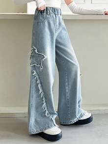 少女休闲水洗五角星刺绣牛仔裤，秋季款 - 藍色 - 查看 6