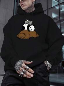 Sudadera con capucha de patrón cómodo para hombres con diseño de panda y canguro - Sudadera suave para otoño e invierno, sudadera gris con ribete negro, regalo perfecto para hombres, ropa de otoño | Top estampado animado | Tratamiento de tela brillante, regalo de panda - Negro - Ver 4