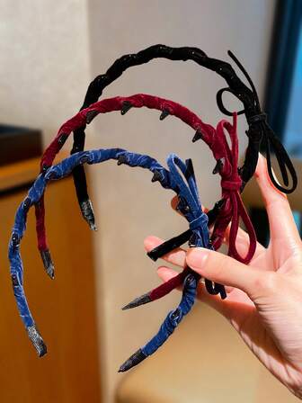 两件套齿状发箍 - 多色（酒红色/蓝色/黑色），复古设计，齿状结构确保佩戴牢固防滑，蝴蝶结装饰增添甜美气息，适合日常、通勤、约会等场合，实用时尚的复古可爱发型发饰，发带，发箍，发圈