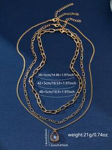 3件套极简格纹回形针锁骨链吊坠项链，闪亮立方氧化锆水滴吊坠，优雅叠戴日常女士首饰项链 - 金黃色 - 查看 6