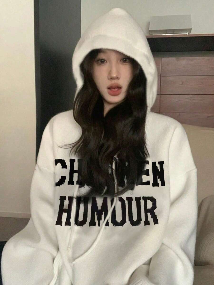 女士字母刺绣加厚连帽毛衣,休闲宽松修身针织套头衫 白色 - 白色 - 查看 1