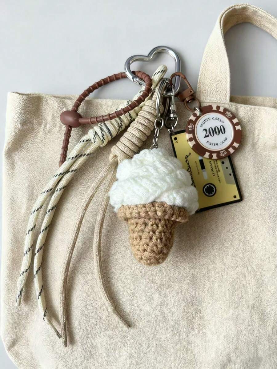 1个创意手工针织迷你花束钥匙扣，蝴蝶针织绳包挂饰，可爱冰淇淋和向日葵钥匙圈吊坠 - 彩色 - 查看 1