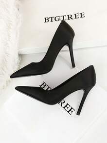 尖头缎面高跟一脚蹬浅口鞋，性感女士派对鞋，细高跟，欧美风格 - 黑色 - 查看 4