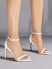 Sandalias de tacón alto y punta abierta sexy blancas para mujer, sandalias cómodas con punta redonda, correa de tobillo y tacón fino - Blanco - Ver 4