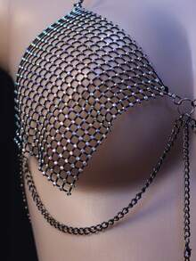 Sexy Women's Chainmail Bikini Set With Halter Crop Top, Bra & Body Chain - Nightclub & Lingerie Essentials - màu đen - Xem 3