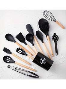 14/15pcs Black Silicone Kitchen Utensil Set With Wooden Handles: Complete Cooking Tools In Organizer Bucket For Modern Kitchens - Multicolor - View 6
