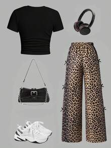 Tween Girl Cherry Print Round Neck Short Sleeve Top And Pants Set - Black - View 2