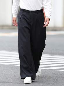 男士宽松直筒裤，褶皱面料休闲裤 - 黑色 - 查看 1