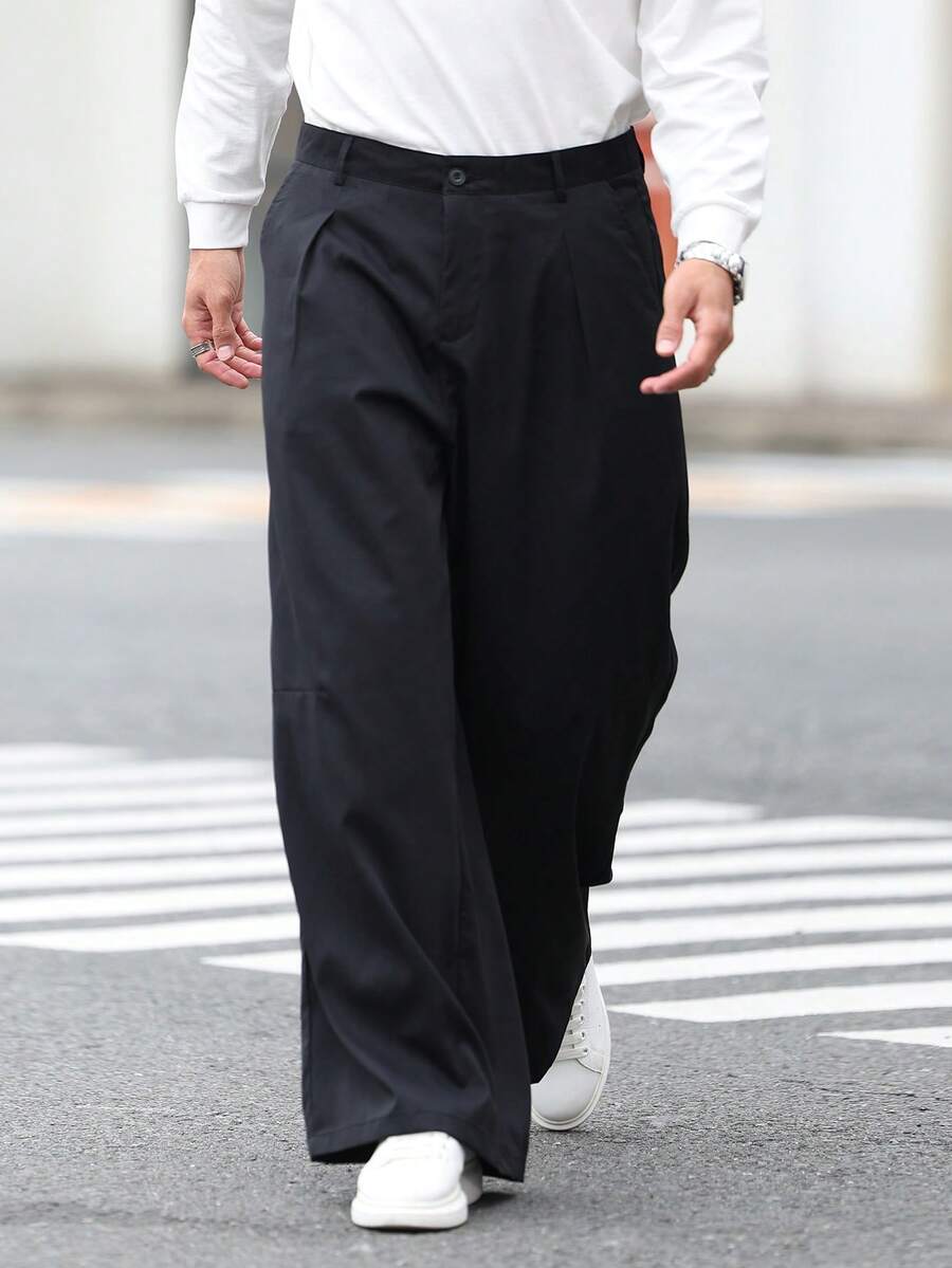 男士宽松直筒裤，褶皱面料休闲裤 - 黑色 - 查看 1