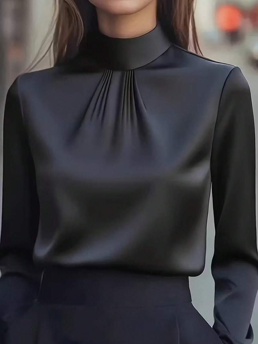 Women's Elegant Black Satin Blouse, Stand Collar Pleated Long Sleeve Top, Workplace Commute Graceful Slimming Satin Texture, Suitable For Office Or Formal Casual Occasions, Solid Color Button, Perfect For Spring, Summer, Autumn And Winter - Black - View 1