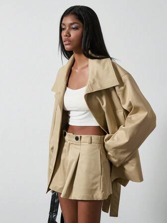 Se-Hore 女士秋冬时尚休闲新款套装，商务休闲/日常通勤/休闲/街头风/返校季皆宜，欧美风秋季新款套装，含腰带短款风衣外套+百褶短裤，女士两件套