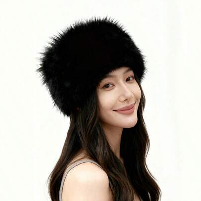 秋冬帽子，人造毛皮发带，厚实保暖无檐帽，无檐敞顶帽