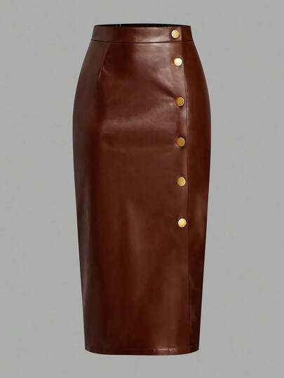 EARO 时尚优雅简约高端黑色单排扣开衩 PU 皮裙，女式紧身裙，秋冬，时尚，高腰，弹力腰部，性感 A 字中长裙