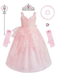 8pcs/Set Girls Pink Tulle Sequin Sleeveless Dress Accessories Set, Children Princess Christmas Carnival Party Cosplay Dress Outfit - Pink - View 15