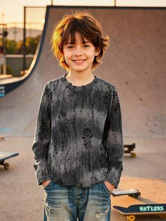 Tween Boy Street Casual Personalized Avant-Garde Distressed Galaxy Sequin Print Crew Neck Long Sleeve T-Shirt