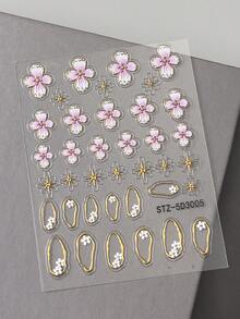 2pcs 5D Stickers For Nails Emboss Pink White Five-Petaled Flowers Gold Line Star Design Decals Slider Press On Manicure Accessories Nail Supplies Gifts For Women - Multicolor - View 6