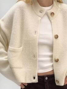 1pc Solid Color Knit Fabric Ribbed Front Button Pocket Cardigan, Suitable For Office, Home, Daily Wear, Autumn