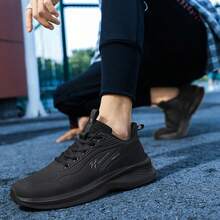 男士休闲鞋，纯色系带运动鞋，户外四季皮革运动鞋，多功能软底跑鞋 - 黑色 - 查看 3