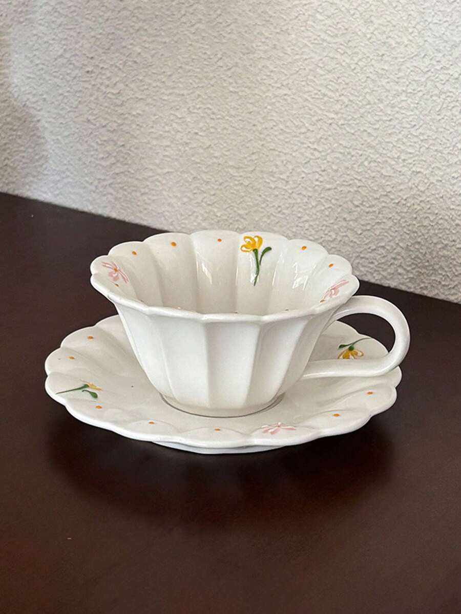 1 Juego de taza y platillo de té de cerámica con flor amarilla, juego de té de tarde de alta calidad, plato de postre, taza de leche, adecuado para el hogar, cafetería, regalo ideal para la madre y amigos