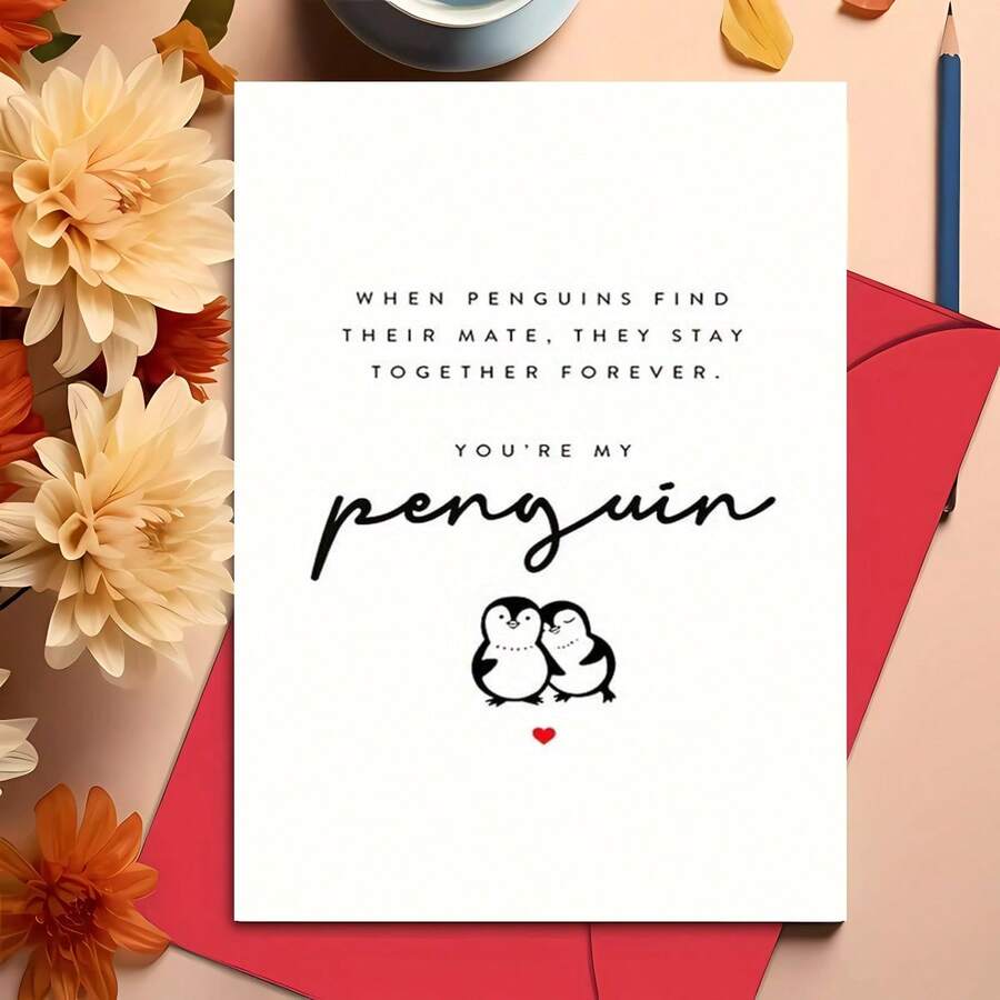 بطاقة عيد الحب بشكل البطريق للحبيب، الحبيبة، الزوج، الزوجة، بطاقة ذكرى رومانسية، أنت بطريقي، شركاء مدى الحياة