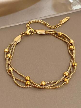 1 pieza Pulsera ajustable de acero inoxidable chapada en oro de 18K con cadena de serpiente y cuentas, joyería de lujo vintage. La cantidad y ubicación de las cuentas es aleatoria. Regalo para mamá, Navidad, Festival, Acción de Gracias, Carnaval, Halloween, Boda, Rave/Baile de graduación/Fiesta/Accesorios diarios. Regalo para aniversario, Día de San Valentín, joyería bohemia, cumpleaños, regalos para damas de honor