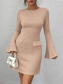 PRETTYGARDEN Women's Long Sleeve Elegant  Mini Dress Fall Bodycon Mock Neck Elegant Business Work Party Short Dresses New Years Valentine Vacation - 卡其色 - 查看 3