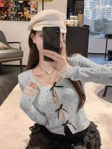 女士休闲圆领蕾丝拼布波点针织毛衣，带蝴蝶结，可爱性感长袖套头衫，秋冬 - 灰色 - 查看 4