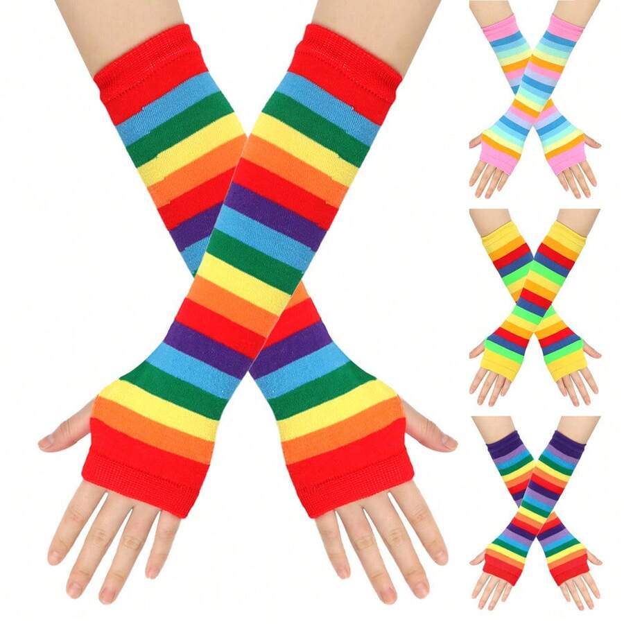 Color Long Gloves Festival Party Party Rainbow Bracers Fake Sleeves Finger Gloves Cross-Border Colorful Striped Sleeves - Pink Lipstick #3 - View 1