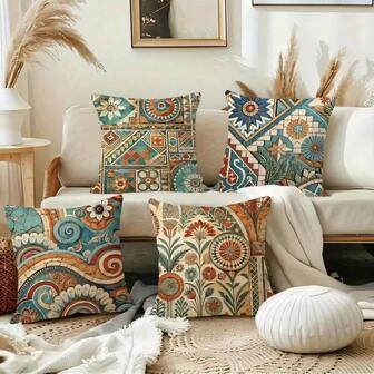 4 件套波西米亚几何花卉单面印花抱枕套，复古风格，营造独特魅力和质朴艺术氛围，适用于家居装饰 - 柔软舒适的涤纶抱枕套，45x45 厘米（17.72x17.72 英寸），拉链设计，可机洗，适用于客厅、卧室、花园、办公室、咖啡馆、酒店、户外等场所（仅含抱枕套，不含枕芯）