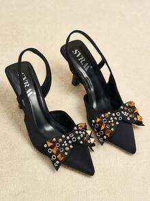 SVRM Pantofi cu toc ascuțit, din satin, cu fundă și baretă la spate, pentru femei, eleganți pentru evenimente sociale, petreceri, birou și naveta - Negru - Vizualizare 5