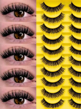 10 Pairs Dramatic Curly False Eyelashes | Thick, Curled, Natural Look, With Transparent Band, Soft Faux Mink, 15mm, D-Curl | Suitable For Stage, Party And Daily Use